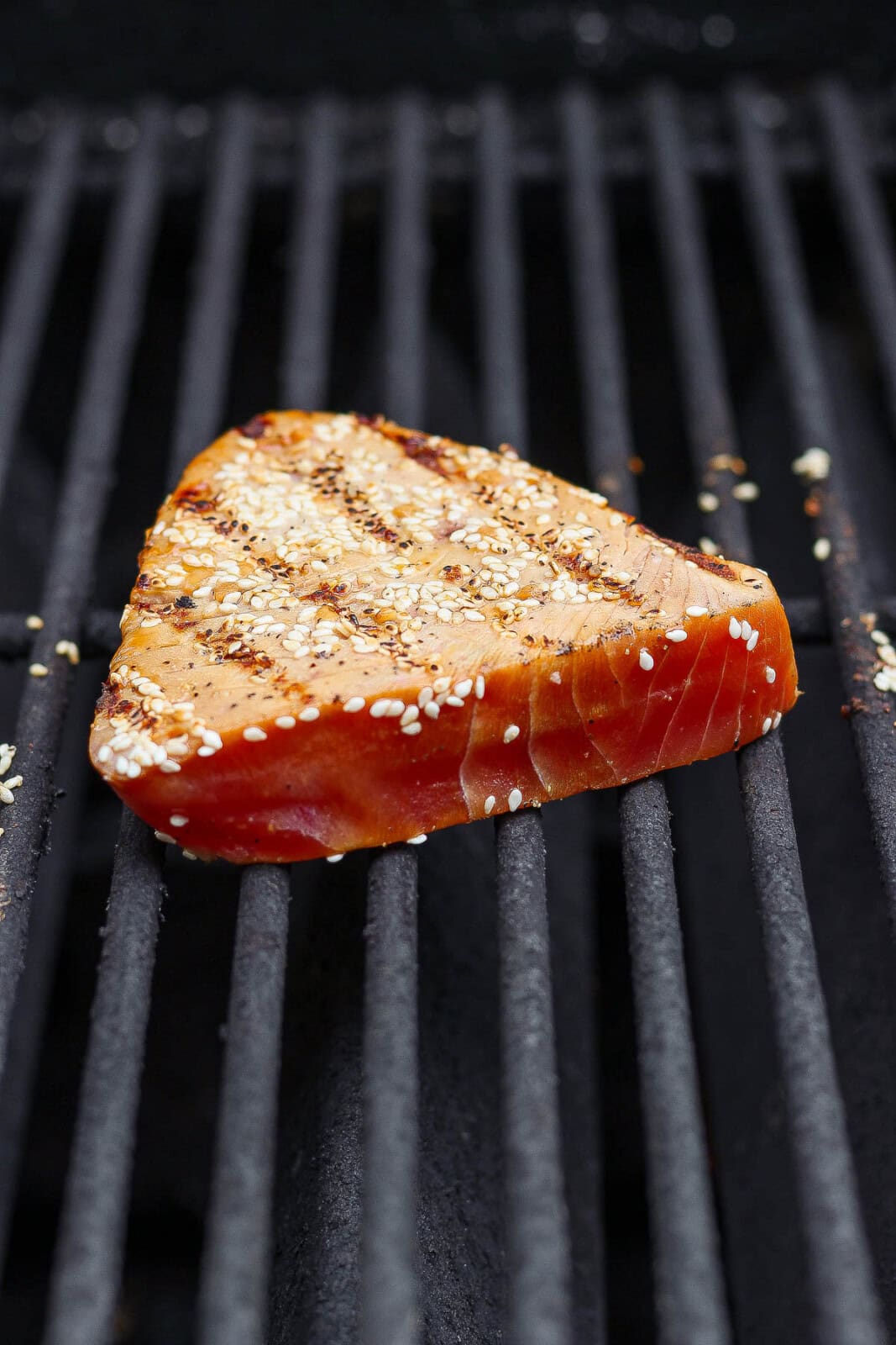 A tuna steak being cooked on a hot grill.
