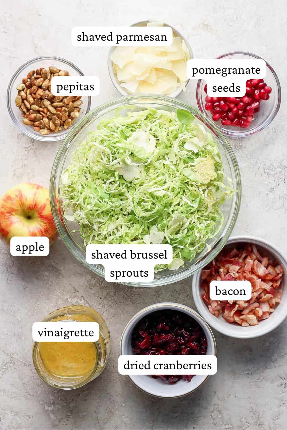 Individual bowls of shaved parmesan, pomegranate seeds, pepitas, shaved brussel sprouts, apple, bacon, vinaigrette, and dried cranberries.