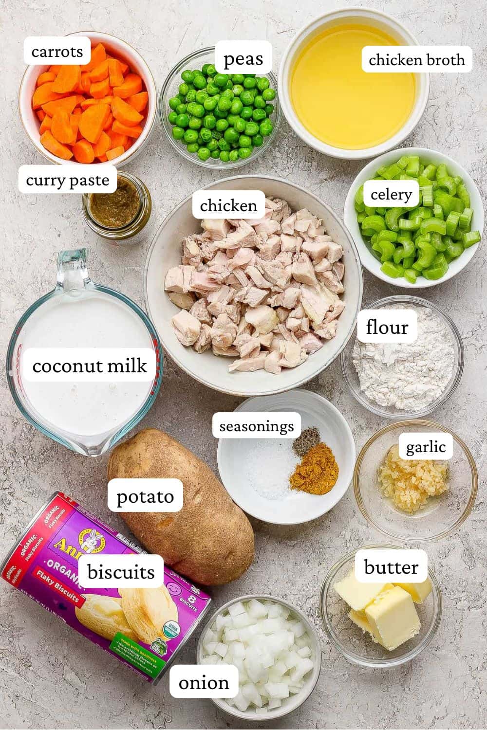 Ingredients for chicken curry pot pie in separate bowls with labels.
