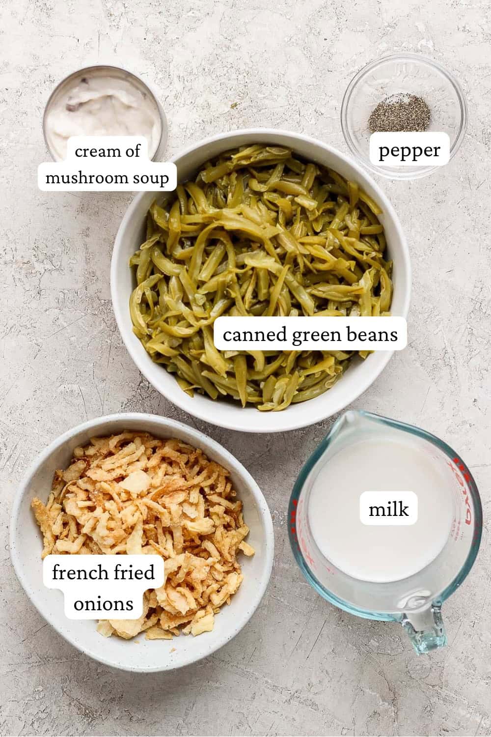 Ingredients for crock pot green bean casserole in separate bowls with labels.
