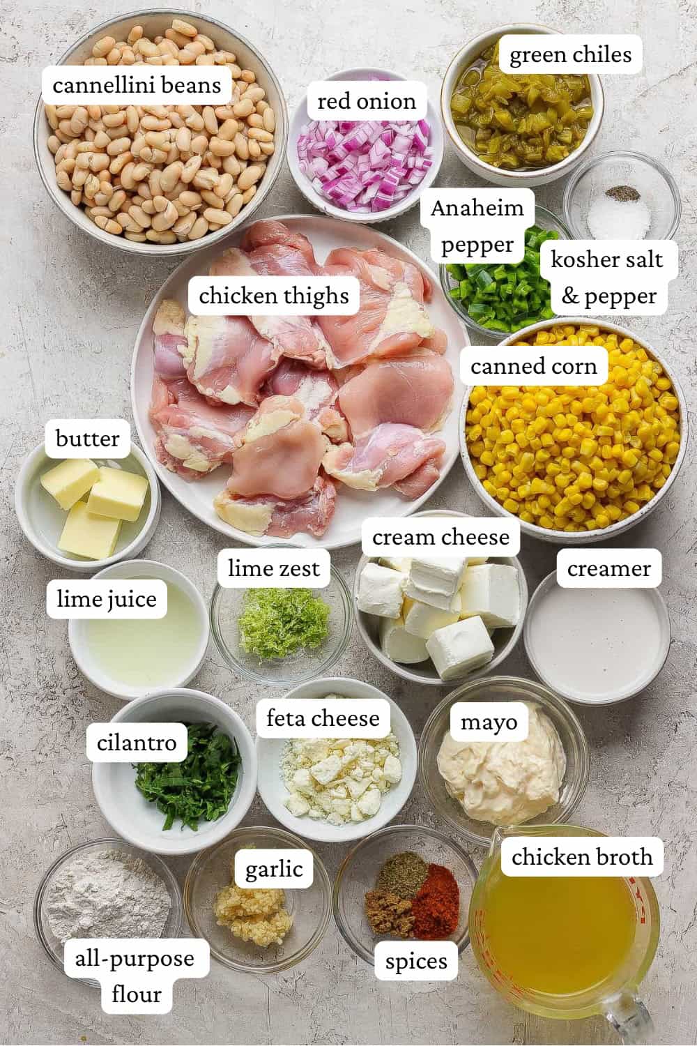 Ingredients for Mexican street corn white chicken chili in separate bowls.