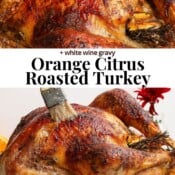 An orange turkey being basted with a basting brush on a serving platter with the text "orange citrus roasted turkey".