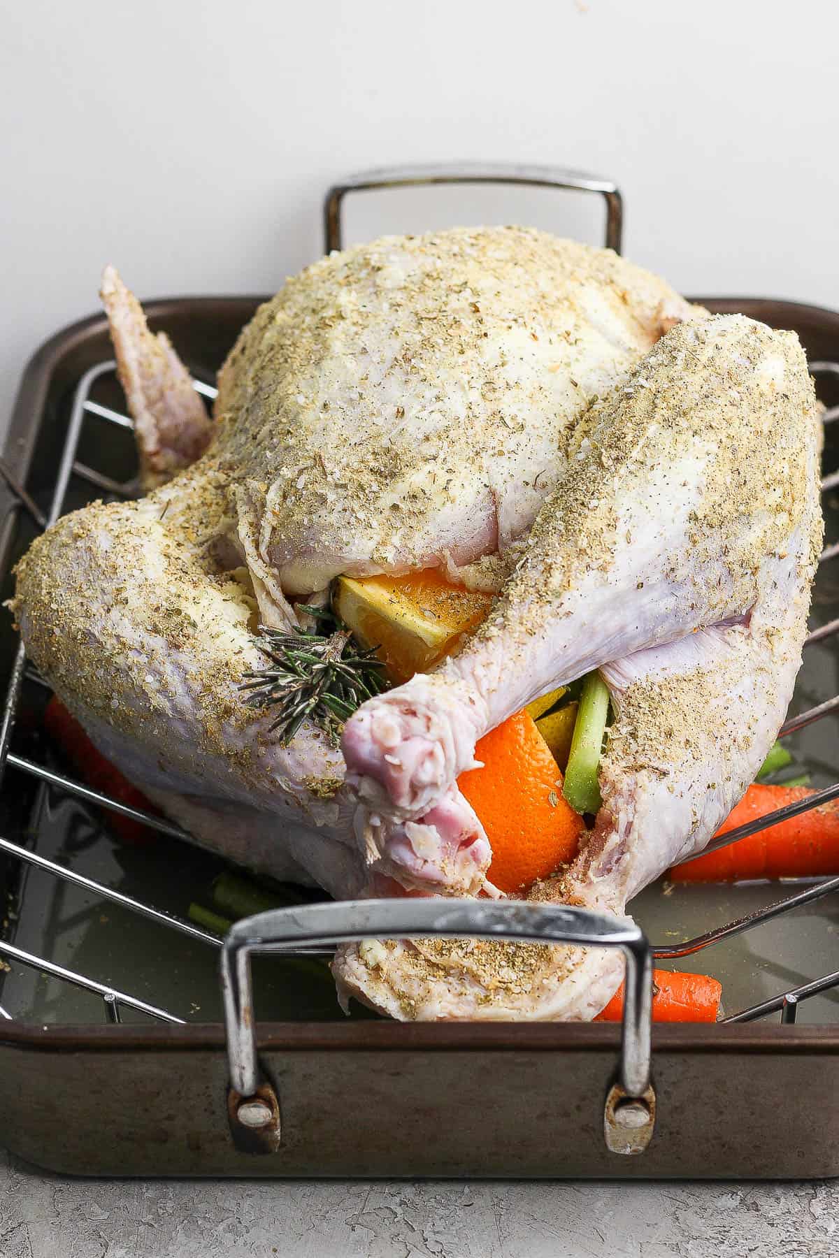 A whole turkey sitting on a roasting pan that has been stuffed with oranges, onions, celery, fresh herbs and the outside of the turkey rubbed with butter and seasoned with a dry rub.