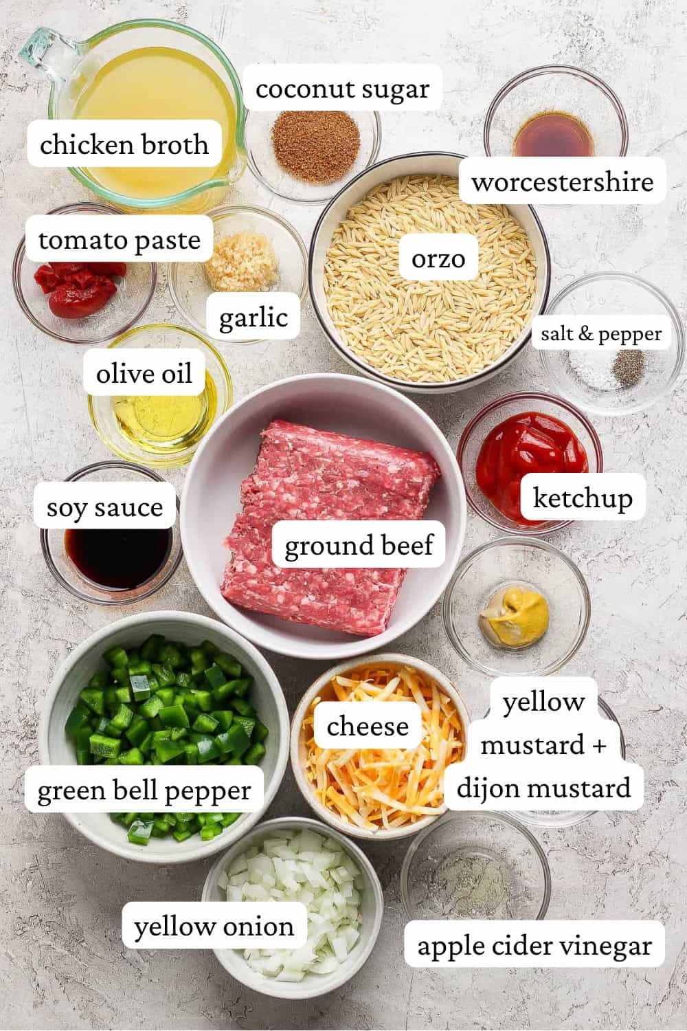 Ingredients for sloppy joe orzo in separate bowls with labels.