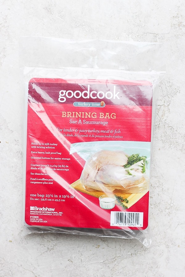 A brining bag in the packaging on the counter.