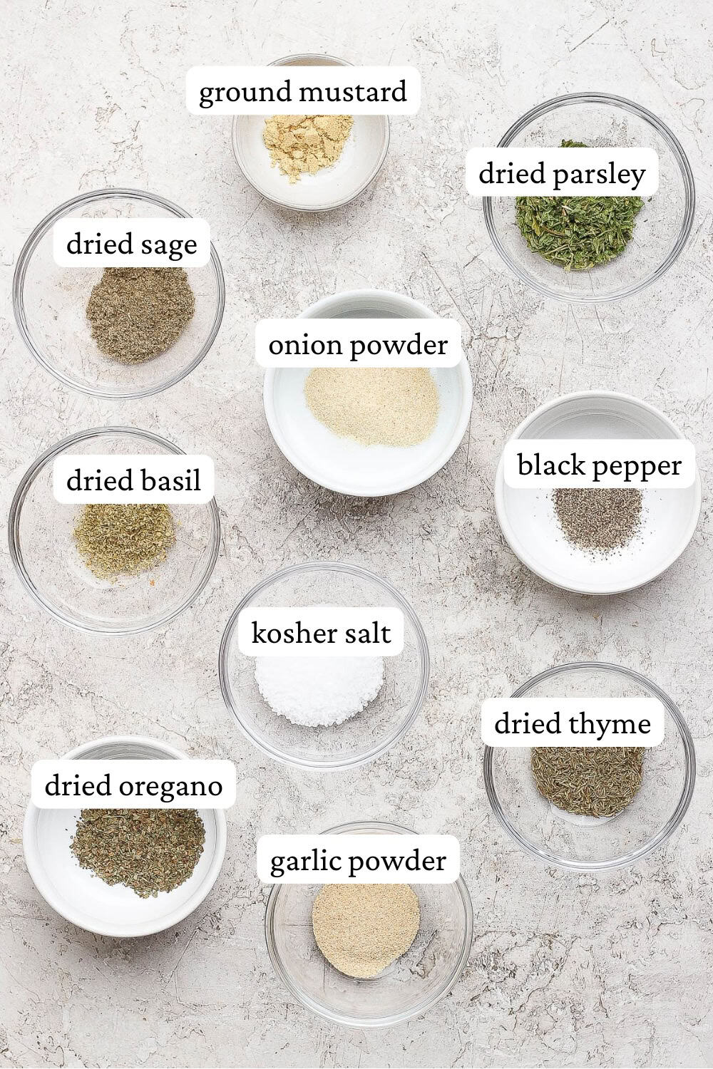 Ingredients for smoked turkey rub in small bowls with labels.