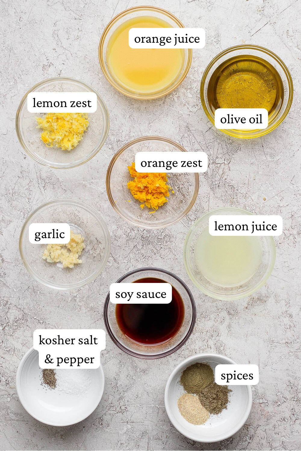 Turkey marinade ingredients in separate bowls with labels.