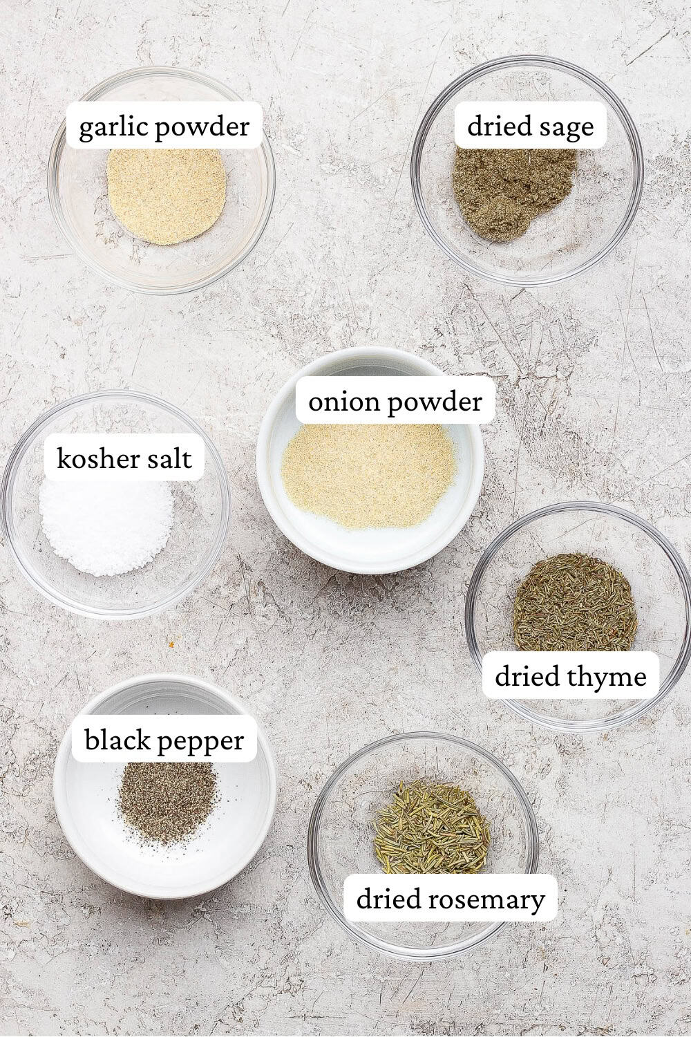Turkey seasoning ingredients in separate bowls with labels.