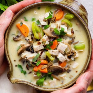 Two hands holding a bowl of turkey wild rice soup.