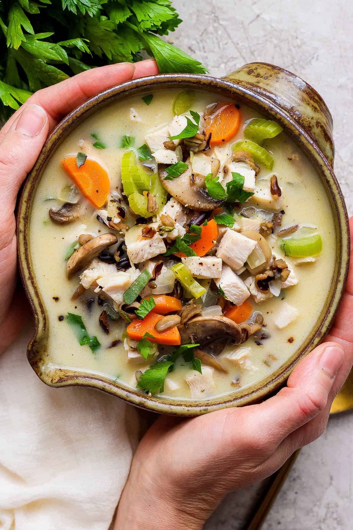 Two hands holding a bowl of turkey wild rice soup.