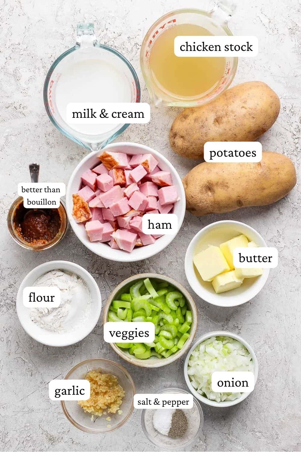 Ingredients for creamy ham and potato soup including milk and cream, chicken stock, potatoes, better than bouillon, cubed ham, butter, flour, veggies, onion, salt and pepper, and garlic.
