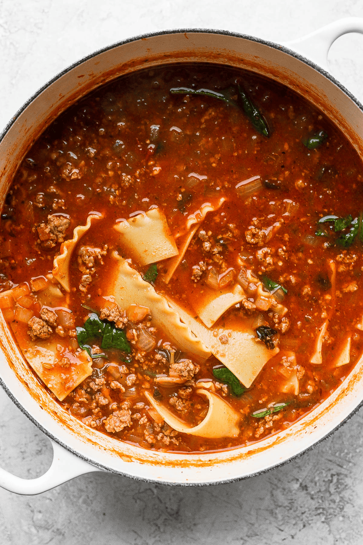 A pot of lasagna soup after the noodles have fully cooked.