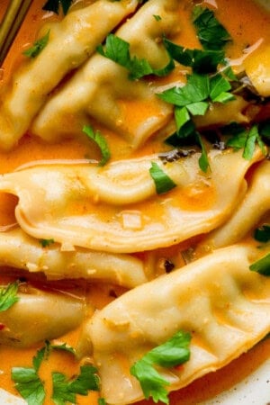 A bowl of potsticker soup with fresh parsley on top.