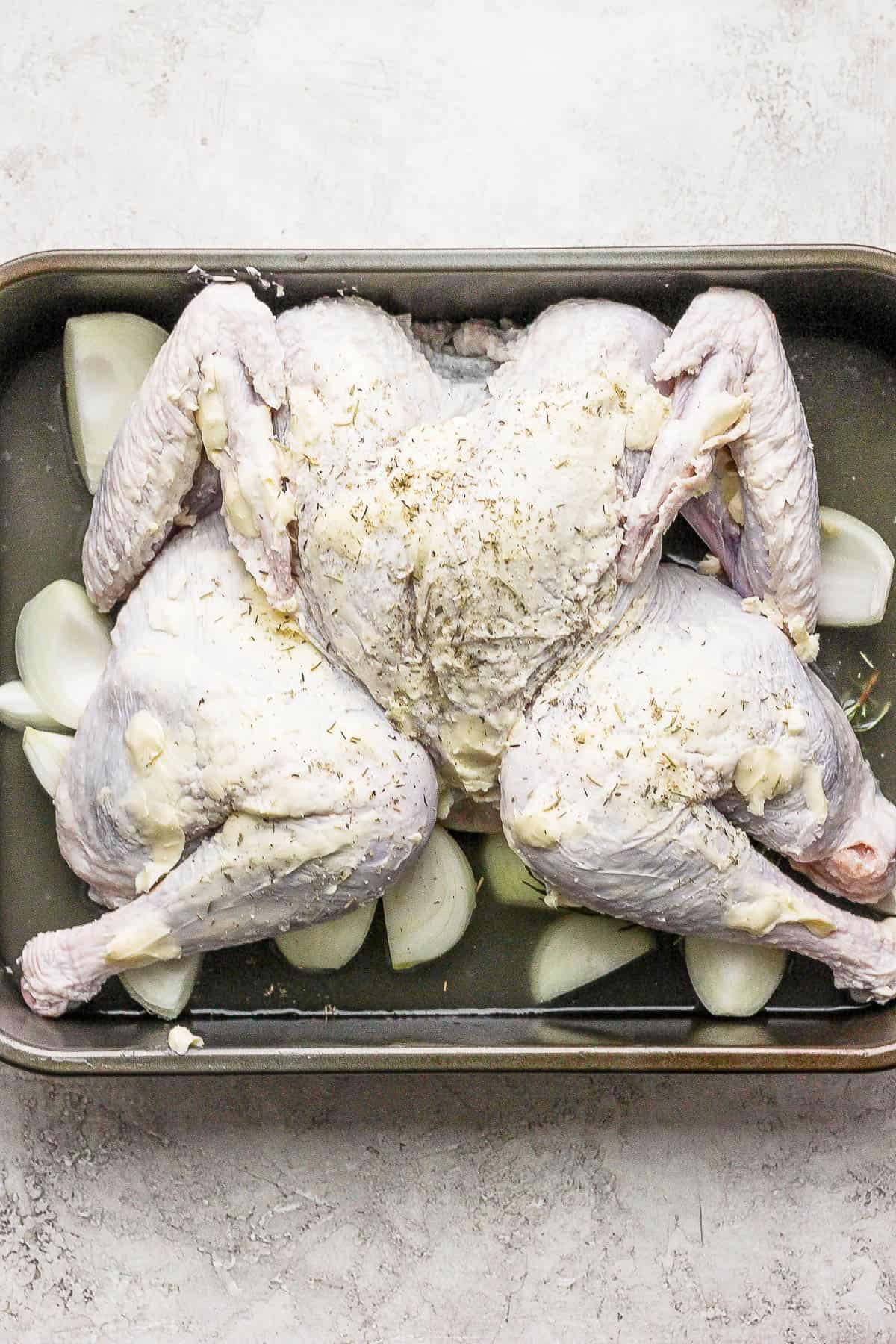 A spatchcock turkey rubbed with butter and seasoned with turkey seasoning sitting on broth and onions in a roasting pan.