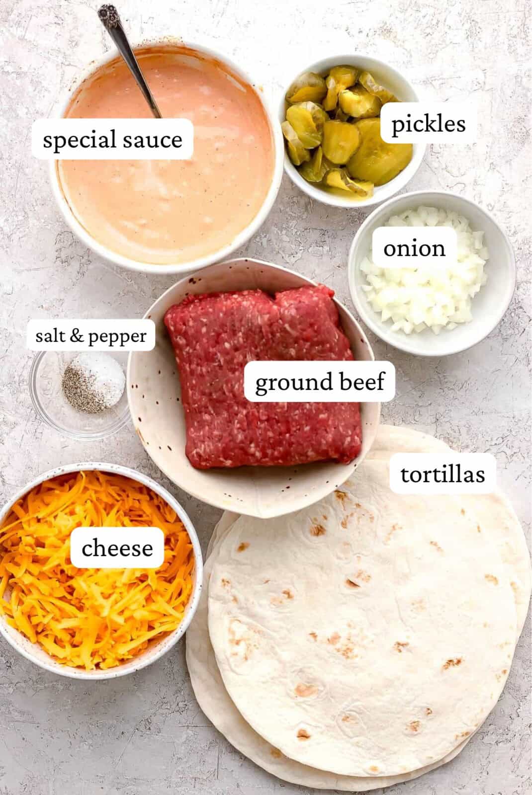 Cheeseburger quesadilla ingredients including special sauce, burger pickles, onion, salt and pepper, ground beef, shredded cheese, and tortillas.