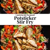 Potsticker stir fry in a large wok with the text, "potsticker stir fry".