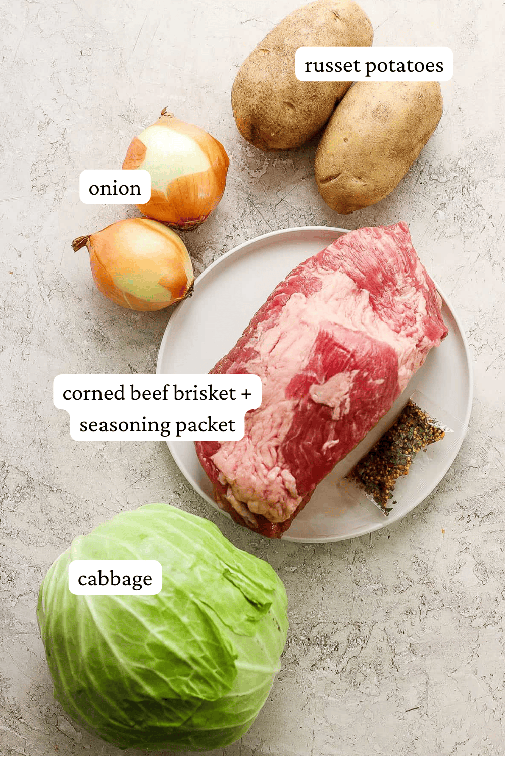 A raw corned beef brisket with seasoning packet on a plate next to a whole cabbage, two onions, and two potatoes with labels on them.