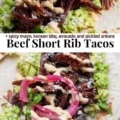 Two beef short rib tacos with toppings and the text "beef short rib tacos".