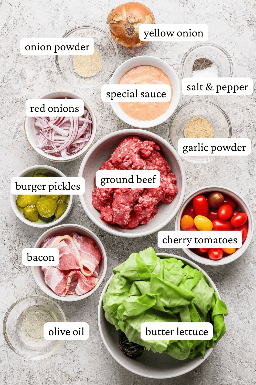 Burger bowl ingredients in separate bowls with labels.