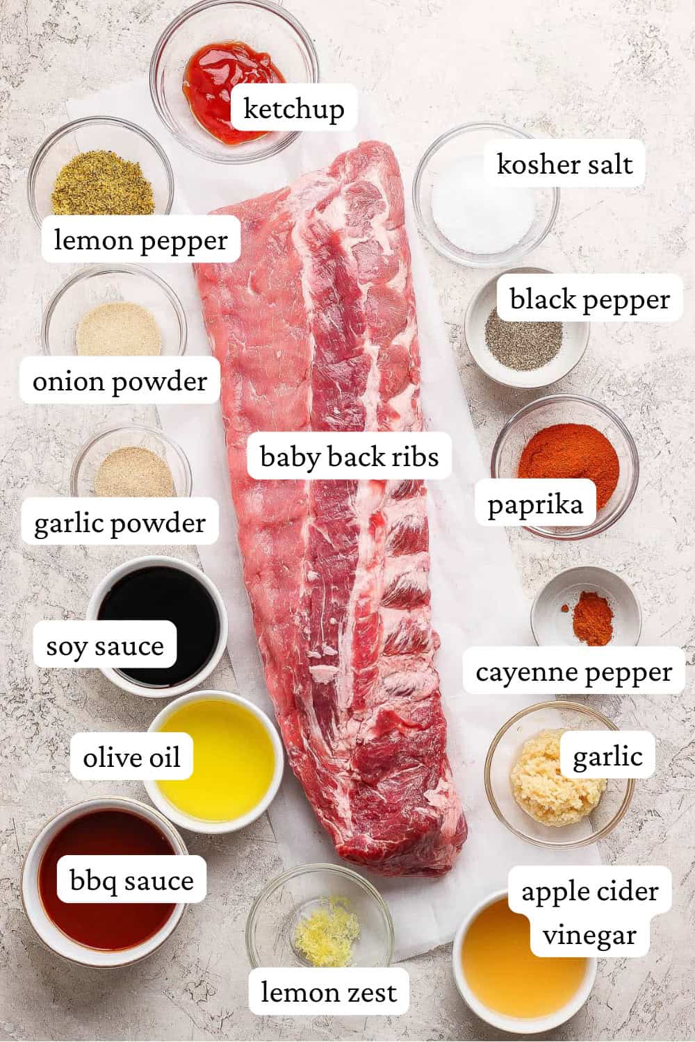 Ingredients for grilled ribs in small bowls around a raw rack of ribs with labels on them.