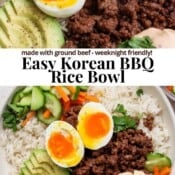 Two Korean bbq bowls with the text "easy korean bbq rice bowl".