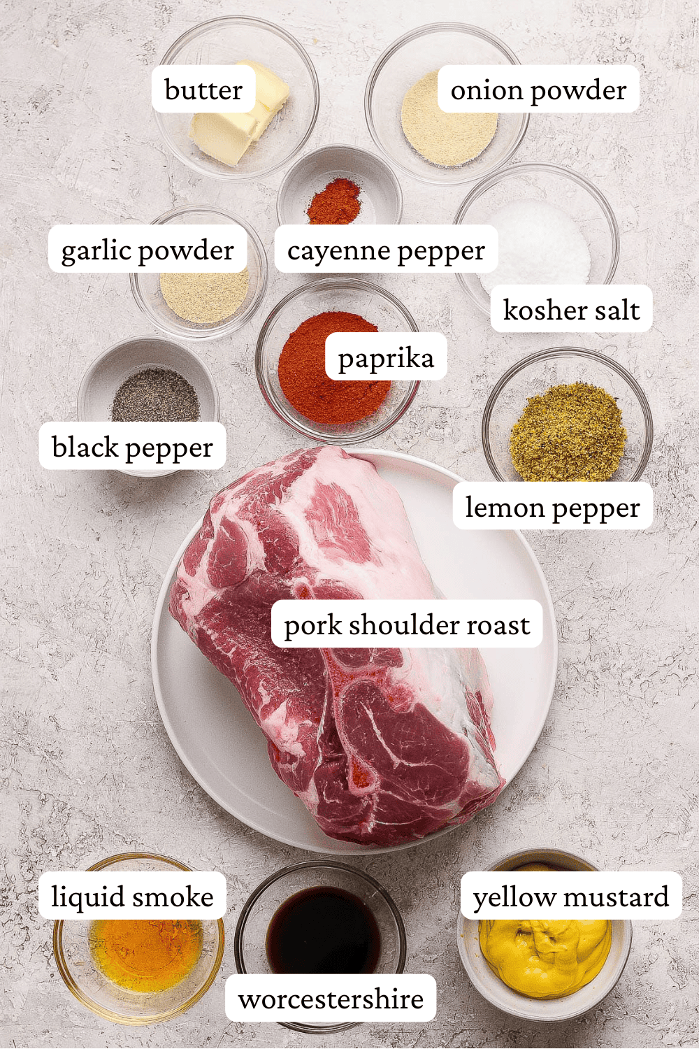 Ingredients for a bone-in pork shoulder roast in separate bowls with labels.