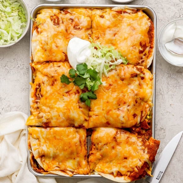 A pan of sheet pan enchiladas with shredded beef, cut into squares and topped with sour cream, shredded lettuce and chilantro.