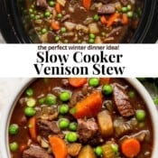 Pinterest image for crockpot venison stew.