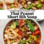 Two bowls of beef short rib soup with the text "Thai peanut short rib soup".