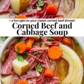 Two bowls of corned beef and cabbage soup with the text "corned beef and cabbage soup".