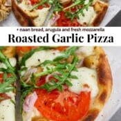 Sliced roasted garlic pizza with the text "roasted garlic pizza".