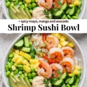 Two shrimp sushi bowls with the text "shrimp sushi bowl".