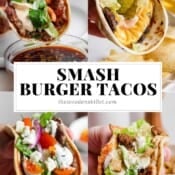 Four different smash burger tacos with the text "smash burger tacos".