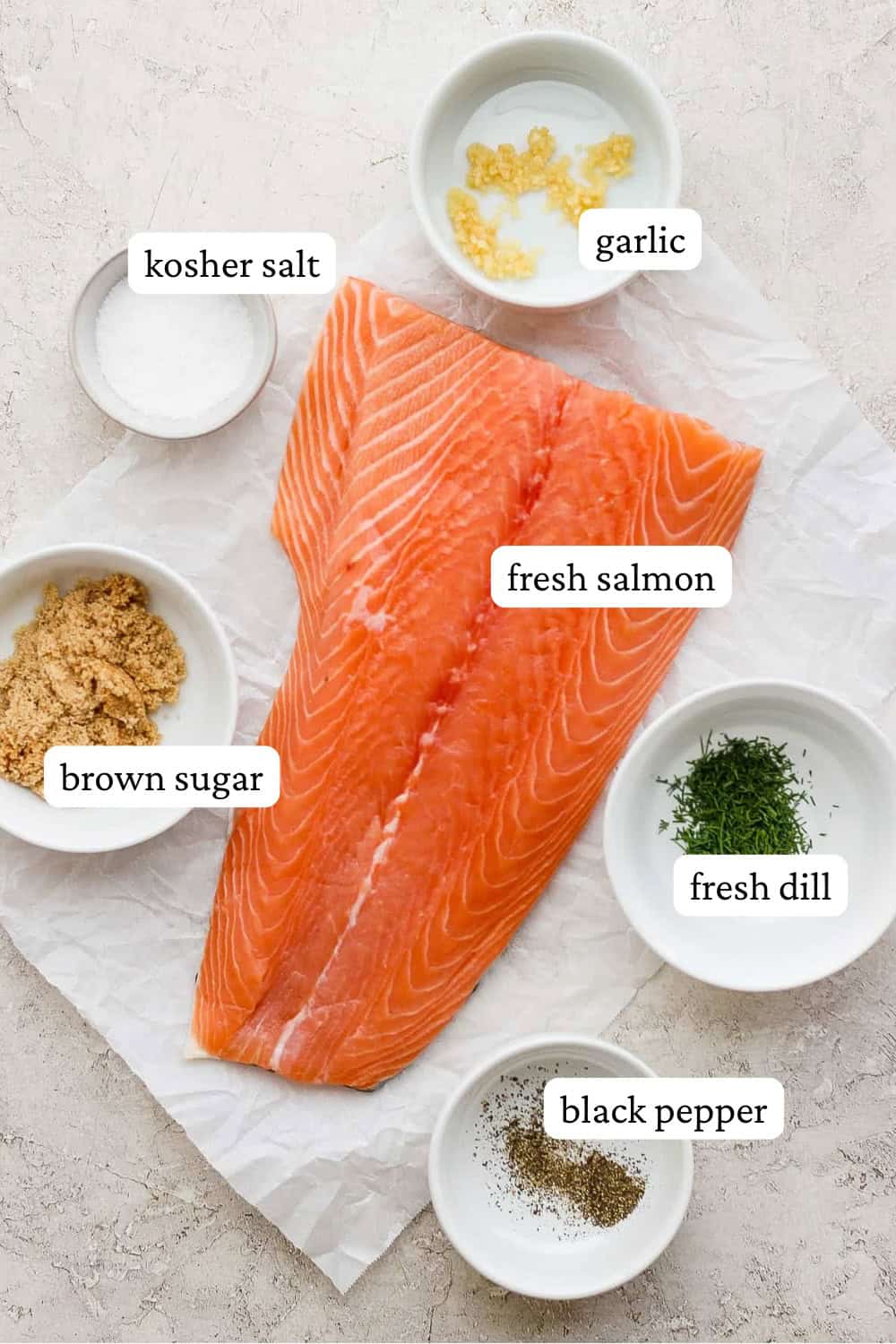 A large fresh salmon fillet surrounded by dry brine ingredients in separate bowls with labels.