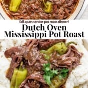 Dutch oven mississippi pot roast in a pot and served over mashed potatoes with the text, "dutch oven mississippi pot roast".