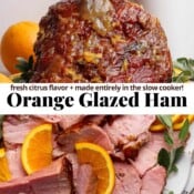 Orange glazed ham on a platter being basted and carved on a platter with the text, "orange glazed ham".