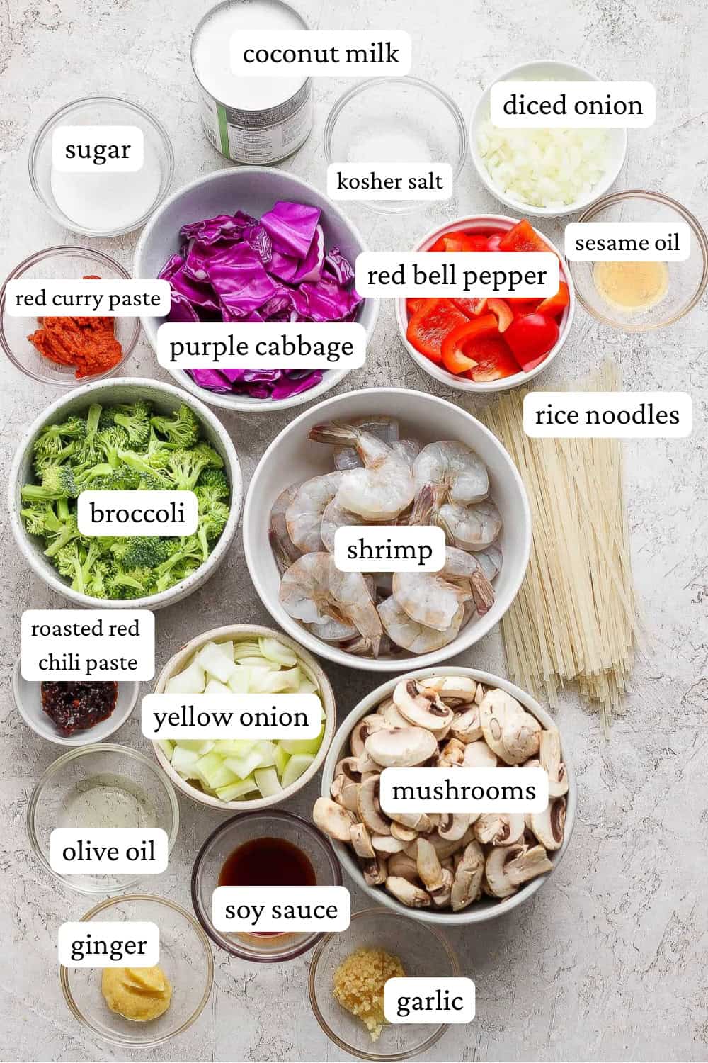 Ingredients for shrimp and rice noodles in separate bowls with labels.