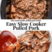 Slow cooker pulled pork in the crockpot and on a plate with bbq sauce and the text "easy slow cooker pulled pork".