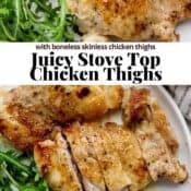 Two plates of stove top chicken thighs with the text "juicy stove top chicken thighs".