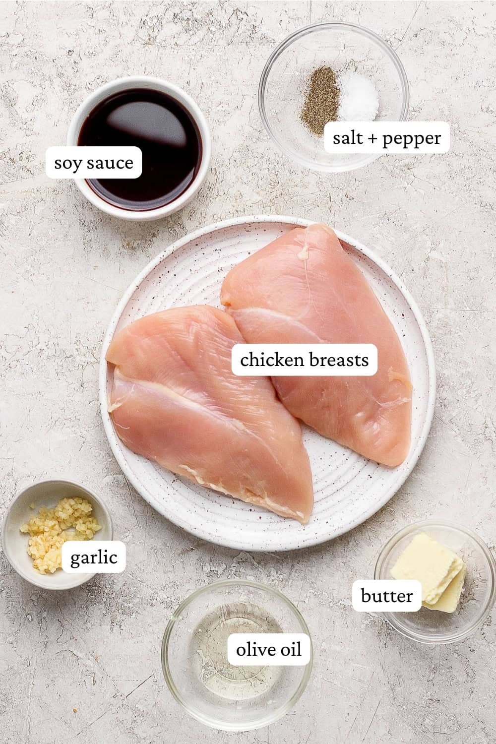 Chicken breasts on a plate surrounded by other ingredients for Blackstone chicken breasts with labels.