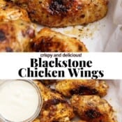 Blackstone chicken wings in a parchment-lined bowl with a small dish of dipping sauce and the text, "blackstone chicken wings".