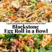 Blackstone egg roll in a bowl being tossed on the cooktop with a spatula and the text, "blackstone egg roll in a bowl".
