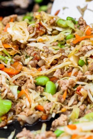 Blackstone egg roll in a bowl on the Blackstone cooktop.