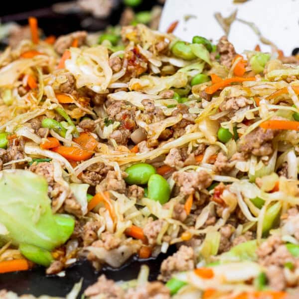 Blackstone egg roll in a bowl on the Blackstone cooktop.