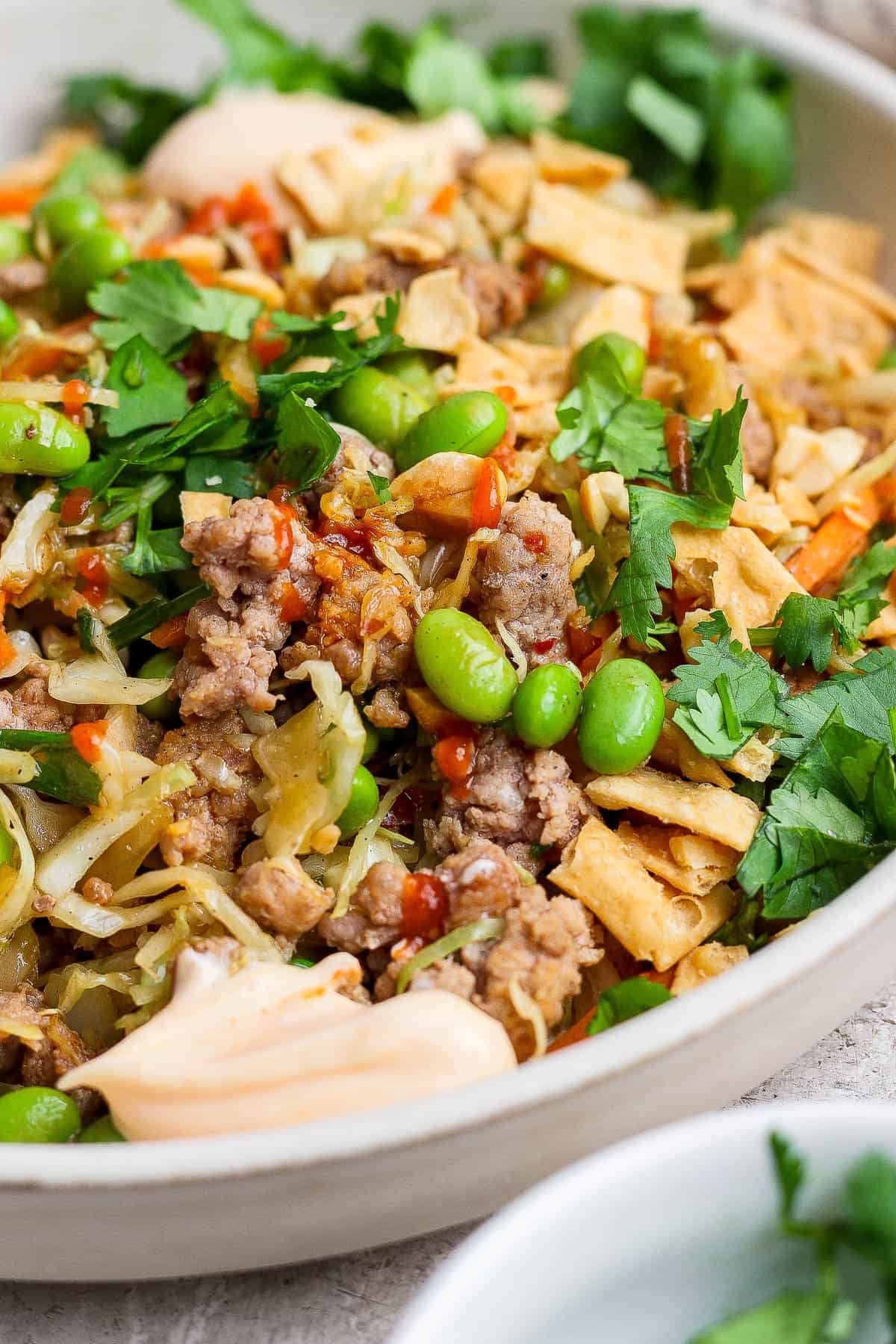 Blackstone egg roll in a bowl topped with cilantro, peanuts, and wonton strips in a white bowl.