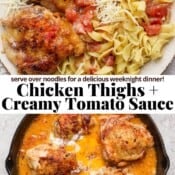 Creamy tomato chicken thighs in a skillet, served on a plate with noodles, and the text "chicken thighs + creamy tomato sauce".