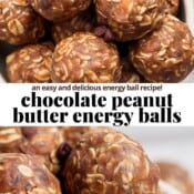 A bowl of chocolate peanut butter energy balls with the text, "chocolate peanut butter energy balls".