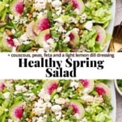 Two images of a healthy spring salad on a large platter with the text, "healthy spring salad".