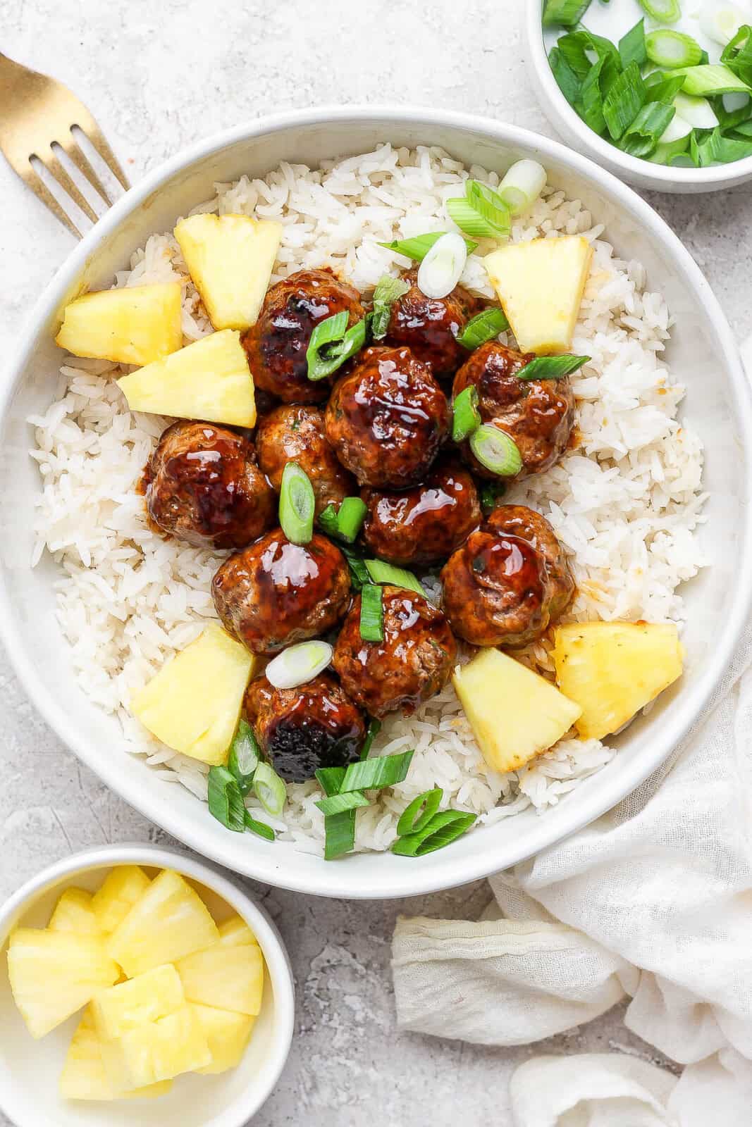Pineapple teriyaki sauce on pineapple teriyaki meatballs.
