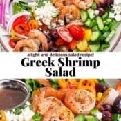 Two large bowls of Greek shrimp salad with small dishes of Greek vinaigrette and the text, "Greek Shrimp Salad".